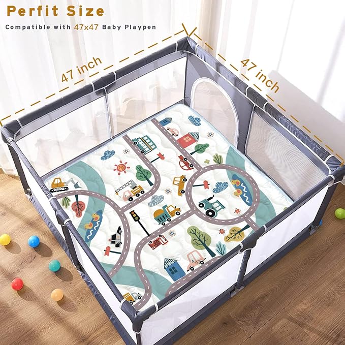 Baby Play Mat, 47x47 Play Mat for Playpen, Thick Soft Cushioned Baby Mat for Floor, Non-Slip Car Play Mats, Washable Baby Playmat for Babies Toddlers Infants Activity & Tummy Time (Car,47x47)