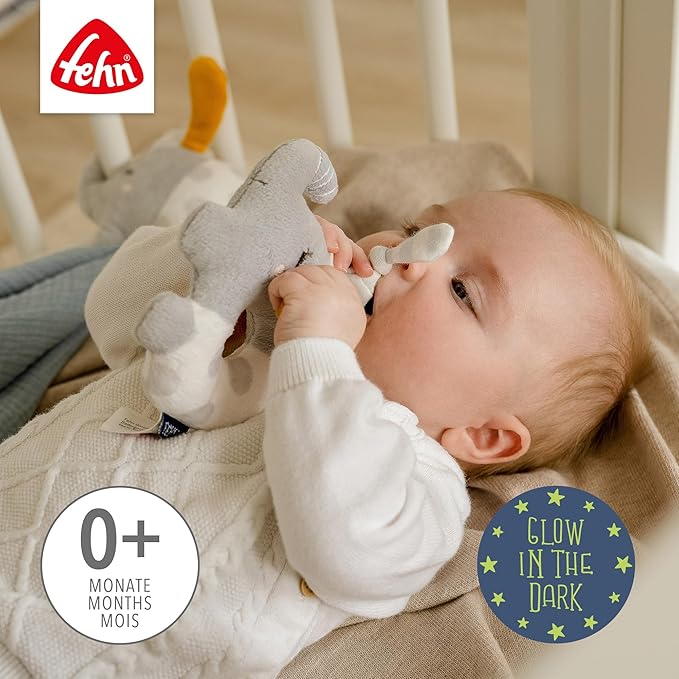 Fehn 053111 Ring Grasping Toy Elephant - Motor Skills Toy with Rattle &"Glow-in-The-Dark" Embroidery - Faithful Companion for Babies and Toddlers from 0+ Months