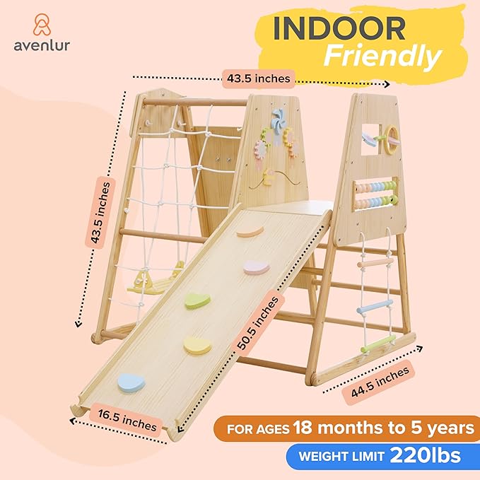 Avenlur Cherry 5-in-1 Wooden Indoor Climber – Montessori Toddler Play Gym with Slide, Rock Wall, Rope Ladder, Sensory Panel & Swing – Indoor Playground for Kids Ages 18 Months to 5 Years