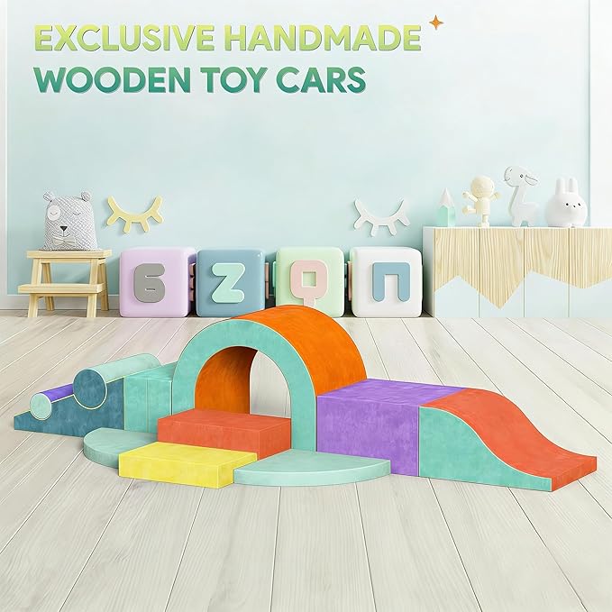 Foam Climbing Blocks for Toddlers, 12 PCS Colourful Toddler Climbing Toys Indoor, Soft Play Set with Toy Car, Flexible Crawling and Sliding Climbing Blocks