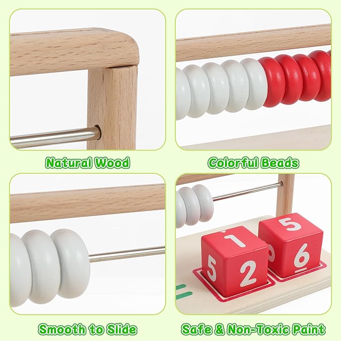 Abacus for Kids Math Number Blocks Toy Abacus Toddler Toys 3–4, Wooden Montessori Math Learning with Counting, Educational Gift for Boys & Girls