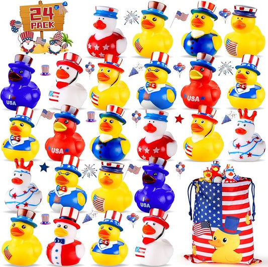 SCIONE 24PCS Patriotic Rubber Ducks, 4th of July Bulk Rubber Ducks for 4th of July Party Favors, Mini Duck for Cruise Ships Baby Showers Bath Toys Kids Party Favors Birthday Gifts