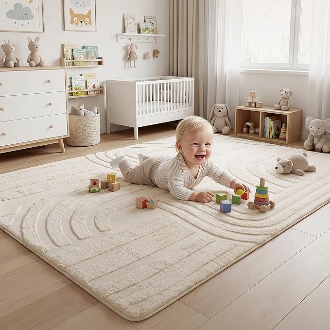 Huloo Sleep 1.3" Thick Area Rug for Living Room Bedroom, 5'×7' Kids Rug with Ultra Soft 3D Carved Faux Rabbit Fur, Non-Slip Fluffy Carpet Nursery Rug for Playroom Home Decor (Cream)