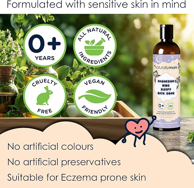 NaturallyMum Kids Magnesium Sleepy Bath Soak - Bubble Bath - All-Natural & Calming - Suitable for Newborns with Dry & Sensitive Skin - Lavender & Chamomile Essential Oils – Made in UK - 8.8fl oz
