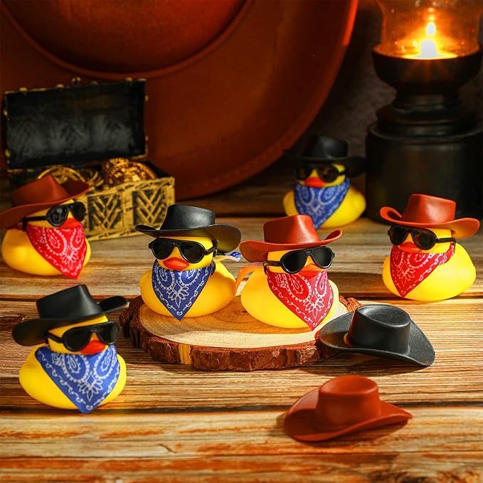 Sosation 24 Set Cowboy Rubber Duck Bulk Mini Yellow Duckies Party Tiny Ducks Toy with Cowboy Hat Paisley Bandanas Sunglasses for Birthday Party Favor(Vintage Style)