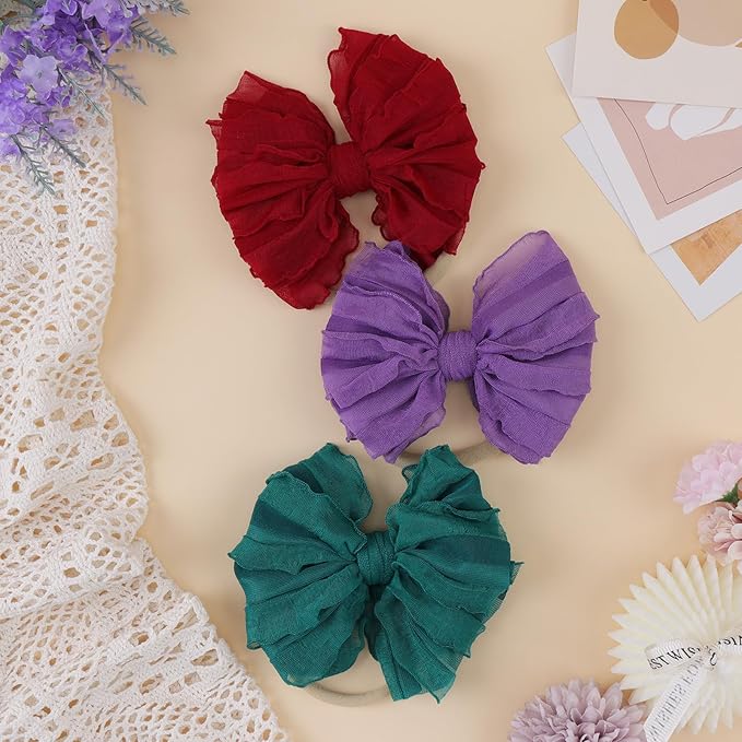 Lace Big Bows Baby Headbands Elastic Hairbands Hair Bows Children Soft Hair Accessories Newborn Infant Toddlers Wine Purple Green 3 PCS