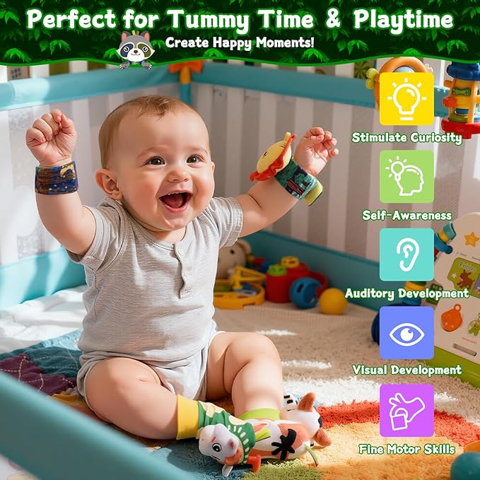 Baby Rattle Toys Set - Wrist Rattles for Babies 0-6 Months Baby Foot Rattles Socks 0-12 Months Baby Rattles & Plush Rings, Soft Sensory Toys for Newborn Essentials Baby Shower Gift