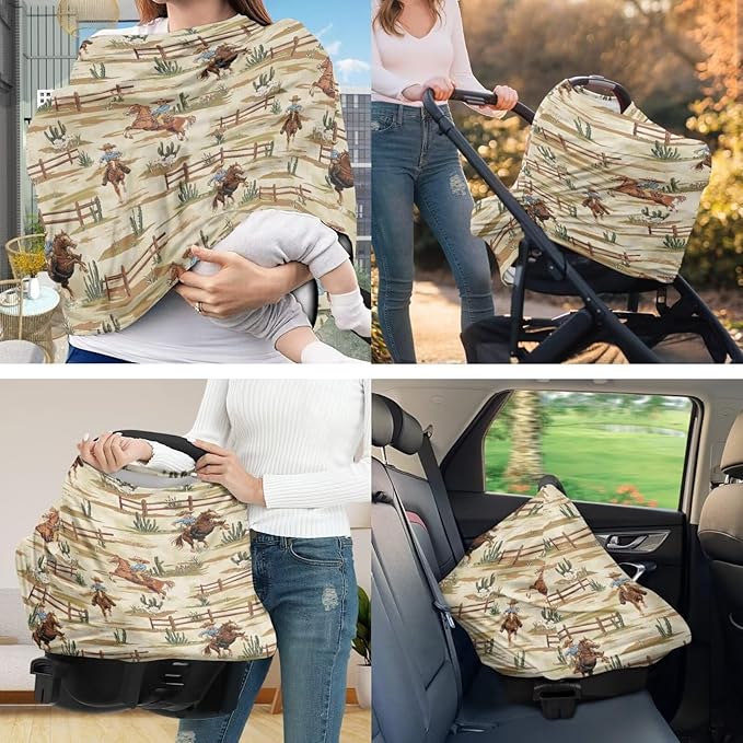Cactus Aztec Cowboy Stretchy Car Seat Cover Canopies+Pillow Case Cover for Babies, 2 Packs Multi Use Shopping Cart/High Chair/Breastfeeding Protectors
