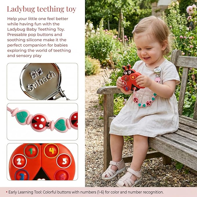 BIGSPINACH Teething Toy & Pacifier Clip Set,Ladybug Pop-It Teether & Pacifier Hold,Multi-Textured Chew Toy with Number Buttons for Early Learning, Baby Teething Relief (Red+Pink)