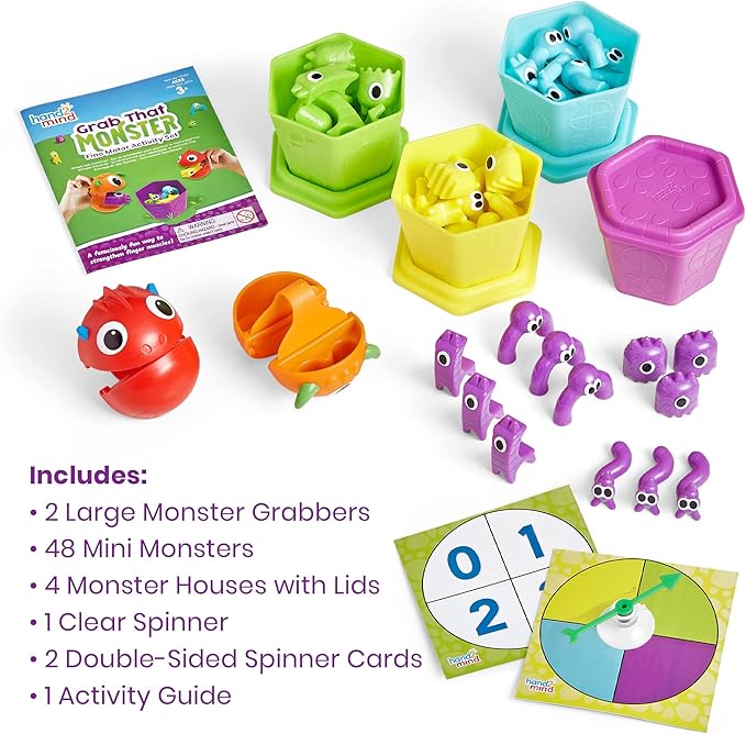 hand2mind Grab That Monster Fine Motor Activity Set, Occupational Therapy Toys, Pincer Grasp Fine Motor Skills Toys for Toddlers 3-4, Play Therapy Games for Kids, Preschool Learning Activities