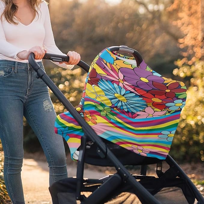 Hippie Flower Baby Car Seat Cover Dust Cover Breathable Durable Infant Stroller Cover Multi-Use Car Seat Canopy Cover for Kids Sun-Proof Breastfeeding Shawl