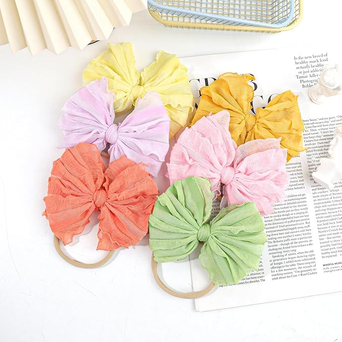 YanJie Hairband, 6pcs-Candy Color Soft Stretchy Nylon Headbands for Baby Girls, Handmade Lace Baby Girl Bows Accessories for Infants Toddlers Child, Pink Purple Yellow Green