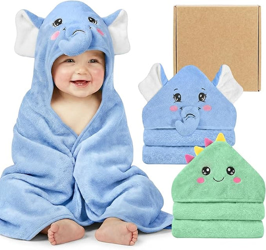 2 Pack Hooded Baby Towels Soft Absorbent Coral Fleece Baby Bath Towels with Animal Hood 32x32 Inch Toddler Bath Towel for 0-3 Years Newborn Baby Shower (Blue Elephant & Green Dinosaur)