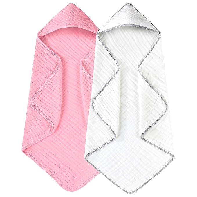 Yoofoss Hooded Baby Towels for Newborn 2 Pack 100% Muslin Organic Cotton Baby Bath Towel with Hood for Babies, Infant, Toddler and Kids, 32x32Inch, Soft and Absorbent Newborn Essential,White and Pink