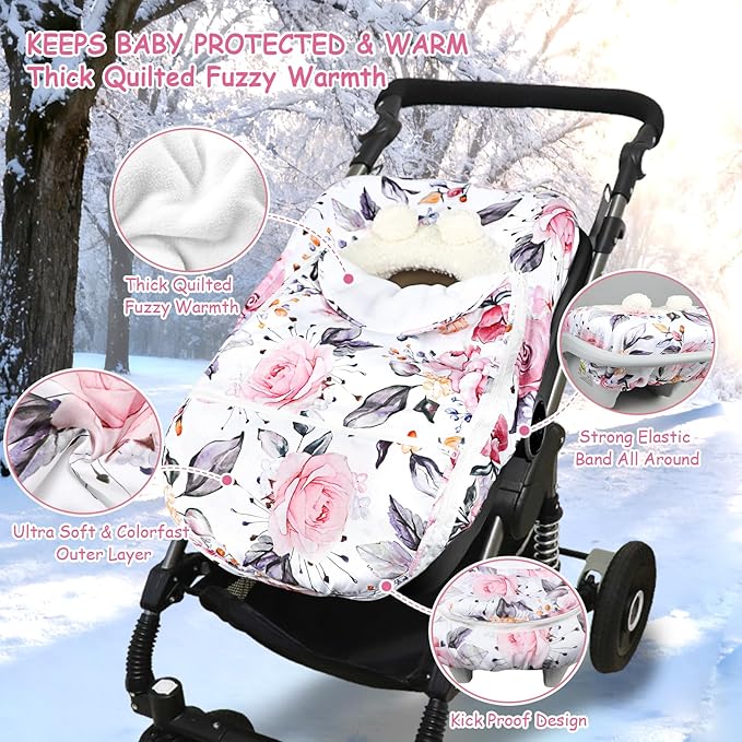 Pea Pod Winter Car Seat Cover for Baby, Infant Car Seat Canopies Cover for Newborn, Warm Plush Fleece Inner Protect Baby from Cold Wind, Stylish Floral