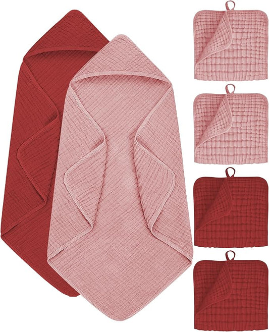 6Pcs Baby Muslin Hooded Bath Towels and Washcloths,32"x 32" Muslin Cotton Hooded Baby Towels for Newborn Shower