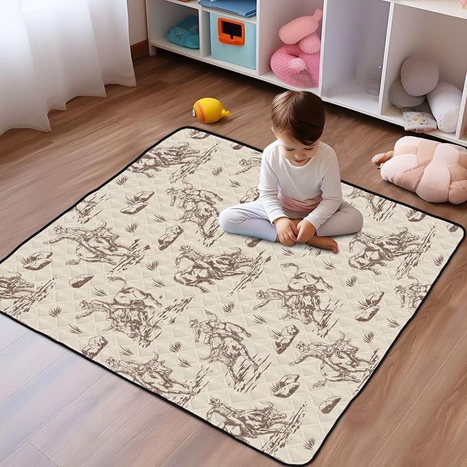 Baby Play Mat Western Cowboy Horse 50" X 50" Play Gym Crawling Mat Soft Non-Slip Portable Picnic Floor Mat for Infant, Babies, Toddler, Kids