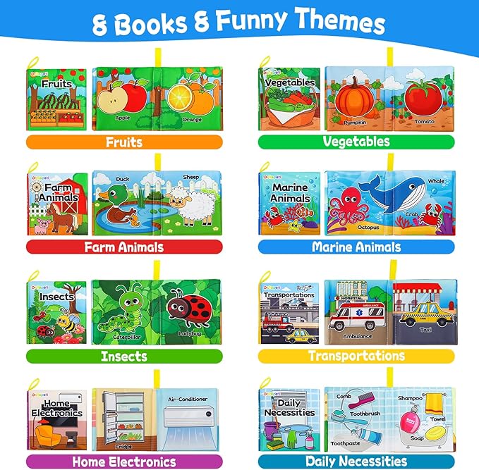 Dr.Rapeti 8-Pack Soft Cloth Books Baby Bath Books Crinkle Washable Chewable Early Educational Preschool Learning Giftable for Infant Toddler Kid