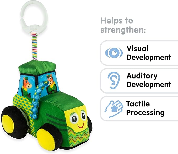 Lamaze John Deere Tractor Car Seat and Stroller Toy - Soft Hanging Toy With High Contrast Colors for Travel - Baby Crinkle Toy Ages 0 Months and Up