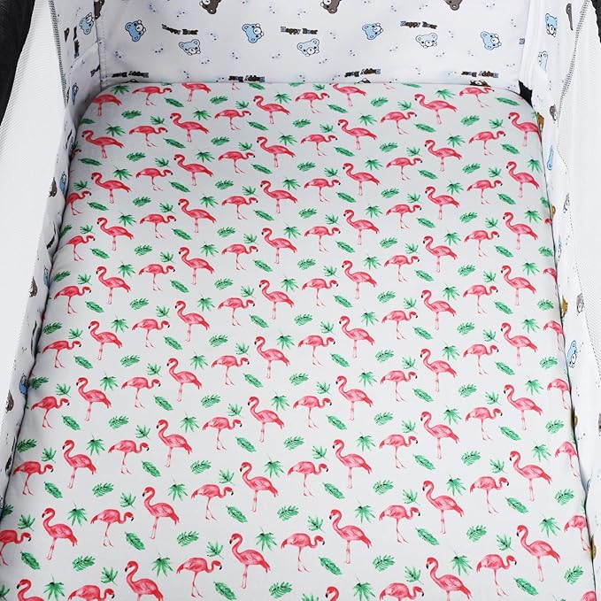 Pack n Play Sheet Stretchy Fitted Set 3 Pack Compatible with 4moms Breeze Plus Playard and Other Large Playpen Mattress Ultra Soft Jersey Material,Flamingo Elephant & Lion