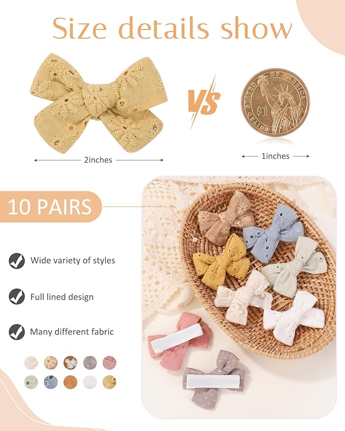 jollybows 20pcs Mini Fully Lined Hair Clips and Bows for Girls, Infants, Toddlers, Kids, and Teens - 2" Tiny Barrettes for Fine Hair