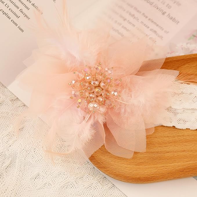Bethynas Baby Girls Lace Feather Headband Beads Gauze Flower Elastic Toddler Hairband Birthday Party Princess Hair Accessories for Newborn Infant (Pink)