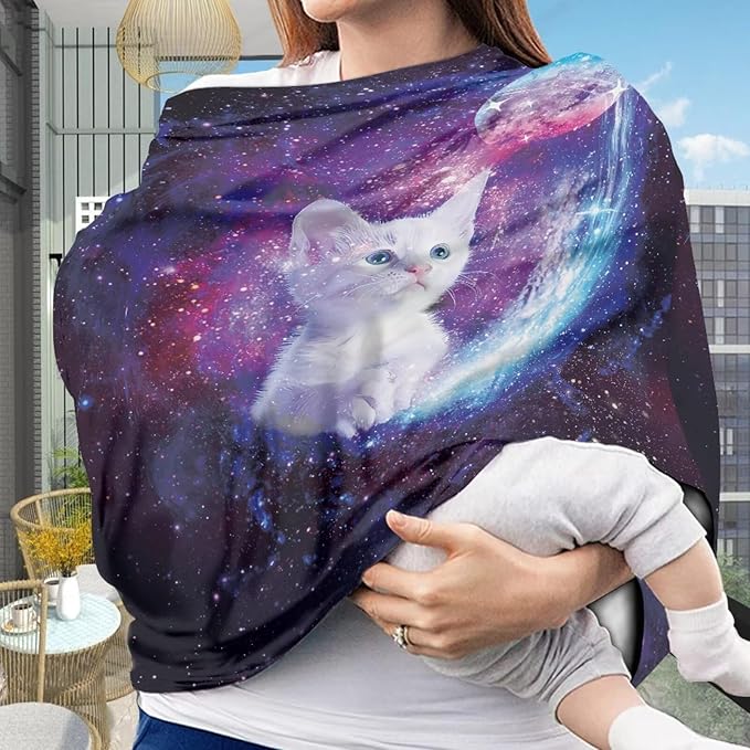 Forchrinse Galaxy Cat Purple Planet Nursing Breastfeeding Cover for Newborn,Multi-Use Baby Car Seat Cover Canopy Shopping Cart Cover High Chair Cover
