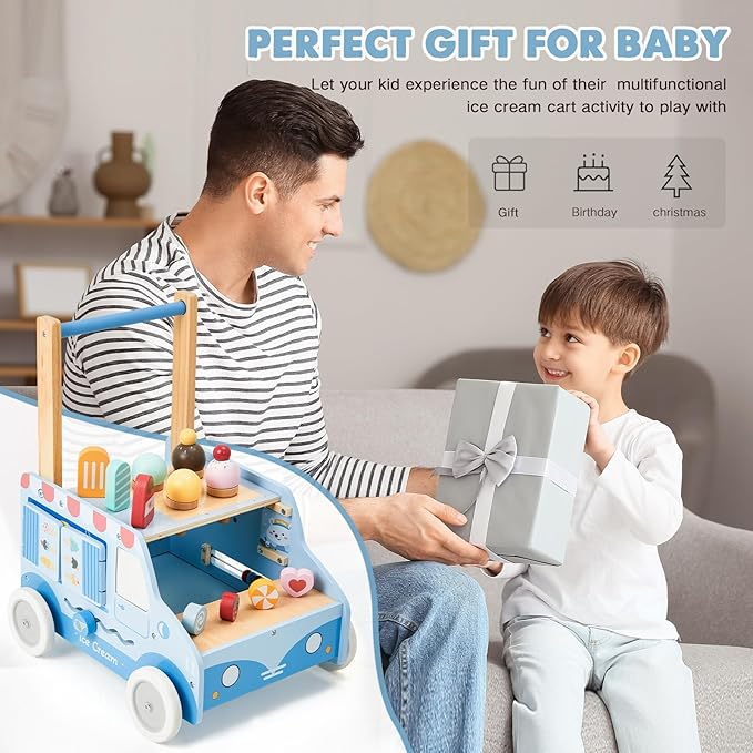 labebe Baby Push Walker, Wooden Activity Walker for Boys Girls 12M+, Push Walker Toy for Kids Learning to Walk, Adjustable Speed Learning Walking with Wheels, Birthday Gift for Babies Ages 1-3 (Blue)