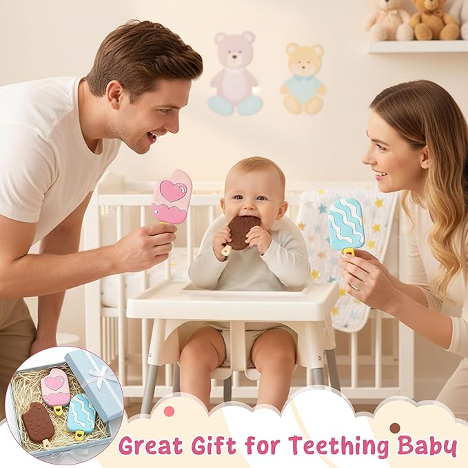 Summer Silicone Teether Toy for Babies - 2ooya 3Pcs Ice Cream BPA Free Food Grade Teething Sensory Toys Infant Toddler Soft Sore Gums Pain Teething Relief Chew Teether for Newborn 6-12 Months Birthday