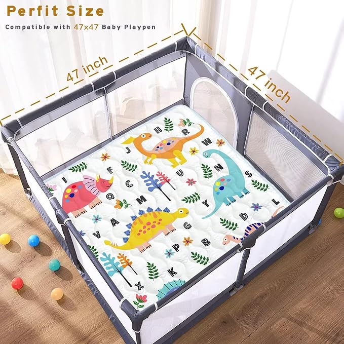 Baby Play Mat, 47x47 Play Mat for Playpen, Non-Slip Baby Mat for Floor, Thicken One-Piece Crawling Mat Cushioned Baby Playmats for Infants, Babies, Toddlers, Play & Tummy Time (Dinosaur, 47x47)