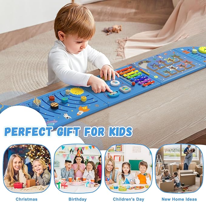 Spacocld Rocket Activity Wall Busy Board Panels - Sensory Wall Panel for Kids, Montessori Toddler Wall Activity Board, Wall Toys for Toddlers 3, Activity Cube, Wooden Multi-Activity Boards, Blue(5PCS)