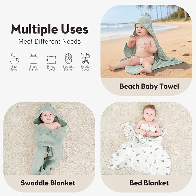 Susurration 2 Pack Thick Muslin Baby Towels, 100% Cotton Soft and Absorbent Baby Bath Hooded Towel for Newborn, Infant, Girls, Boys, Baby Essentials