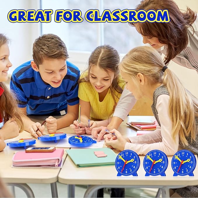Batiyeer 24 Pcs Teaching Clock Kit for Kids to Tell Time Teaching Mini Geared Clock for Kids Basic Math Development Teacher and Classroom Supplies, 4 Inch (Dark Blue)