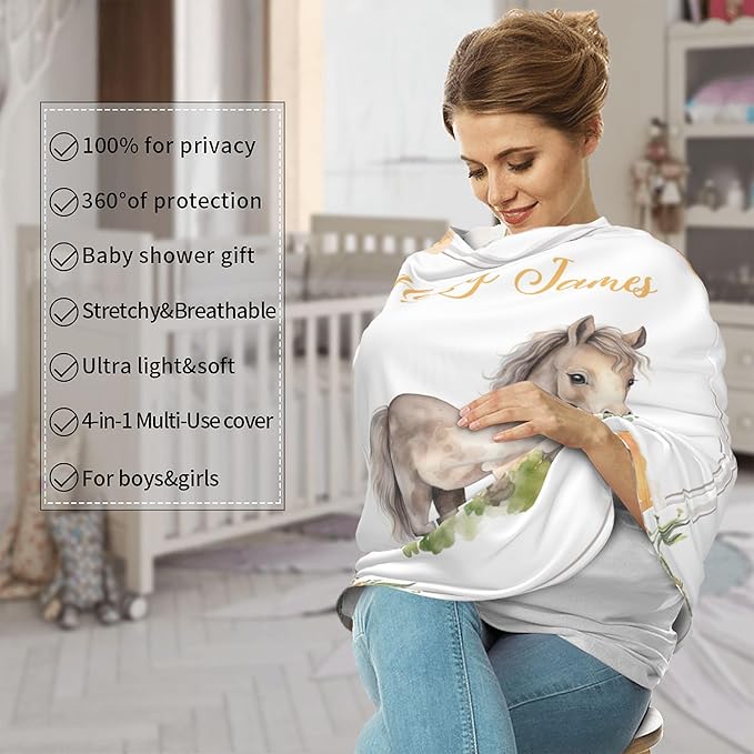 Personalized Car Seat Covers with Name, Horse Baby Canopy Carrier Cover, Breathable Breastfeeding Nursing Cover, Stretchy Multi-Use Infant Carseat Stroller Cover