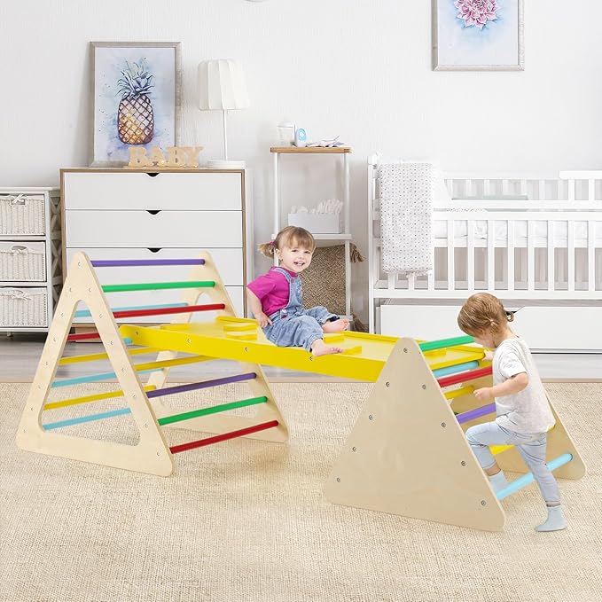 HONEY JOY Pikler Triangle Set, 5 in 1 Montessori Wooden Triangle Climber w/ 2 Stackable Ladders & Climbing Ramp, 3-Piece Baby Indoor Playground Jungle Gym, Climbing Toy for Toddlers, Colorful