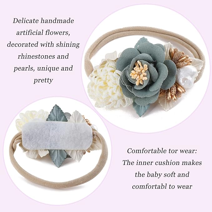 Baby Girl Flower Headband 6 PCS Elastic Hairbands Handmade Nylon Bows Headbands Chic Floral Hair Accessories Kids Gifts for Newborn Infant Toddlers