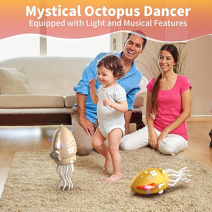 Interactive Dancing Octopus Toy,LED Light-Up Music Crawling Squid with Smart Obstacle Avoidance & Fishing Rod,Tummy Time Baby Toy,Musical Toy for 3 4 5 6 Year Old Boys and Girls(Off-White)
