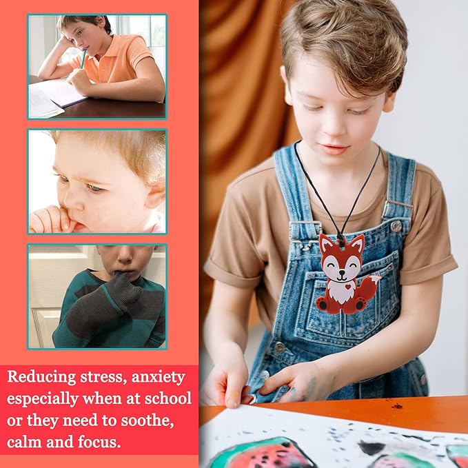 Chew Necklaces for Sensory Kids Boys and Girls, 2 Pack Fox Silicone Chewy Necklace for Autism, ADHD, SPD, Chewy Oral Motor Chewing Toy for Adults