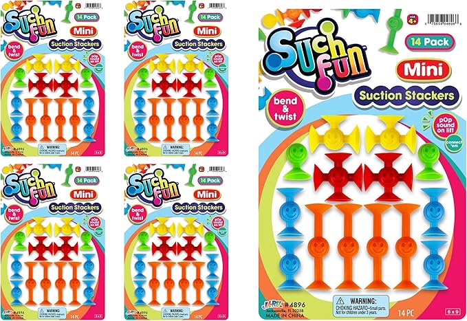 JA-RU Mini Suction Cup Toys (4 Pack, 14 Pieces Each) – Colorful Suction Cup Bath Toys for Kids, Stress Relief Fidget Toy, Bulk Party Favors & Sensory Bin Filler. 4896-4s