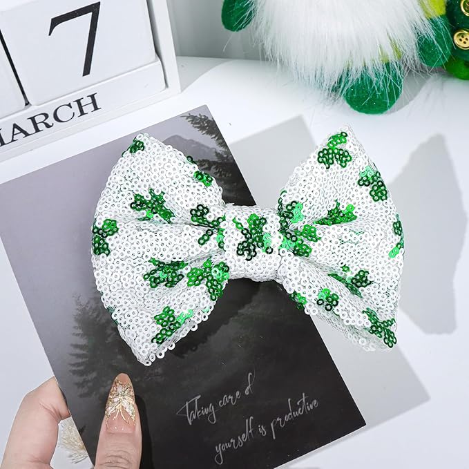 St.Patrick's Day 5 Inch Sequins Bow Hair Clips Clover Glitter Bow Green HairPins Alligator Barrettes Large Hair Bows Costume Hair Accessories for Girls Children Kids