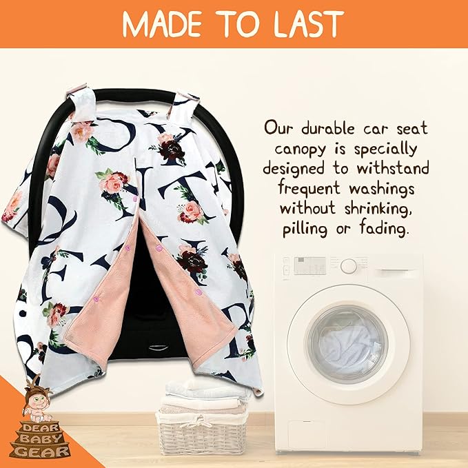 Dear Baby Gear Baby Car Seat Canopy Snap Button Opening - Carseat Canopy for Daily Use - Cover for Newborn Car Seats - Stylish Nursing Cover - Floral Alphabet/Blush Smooth, 40" x 30"