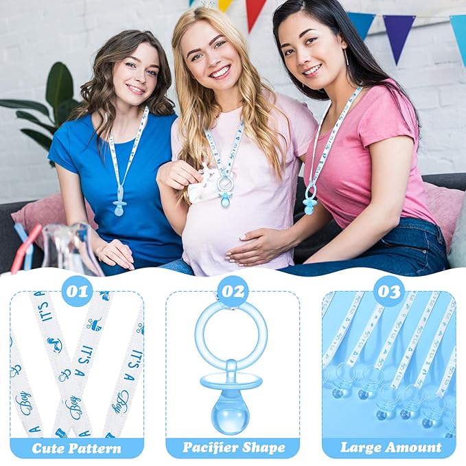 Junkin 60 Pieces Baby Shower Pacifiers Necklace Acrylic Pacifiers Necklace Charm for Girls Boys Baby Shower Party Favors Decorations, Boy Style(Blue, White)