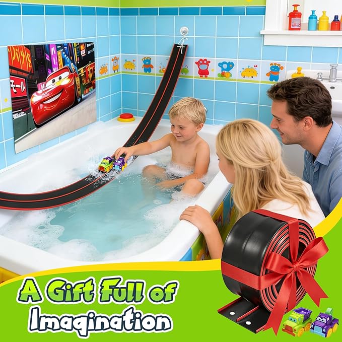 Race Car Bath Toy Set, Toddler Car Bath Toys, Flexible PVC DoubleTrack, Industrial-Strength Suction Cups, 8 Piece Set, CPC Certification, Kid's Bathtub Gift for Ages 3+