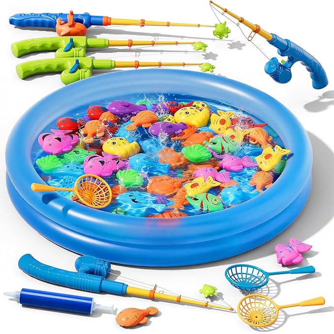 Magnetic Fishing Game Toys with Inflatable Pool for Toddlers 1-3 3-5, Kids Bathtub Pool Water Table Toys, Birthday for 2 3 4 5 6 Year Old Boys Girls