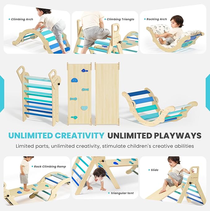 BlueWood Pikler Triangle Set with Cushion, 8-in-1 Climbing Toys for Toddlers, Montessori Philosophy Play Jungle Gym with Arch, Ramp, Ladder(Sky Blue)