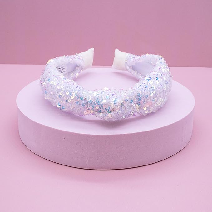 FROG SAC Sequin Knot Headband for Girls, White Knotted Hair Bands Accessories for Kids, Sparkly Iridescent Little Girl Headbands, Cute Fashion Hairbands for Tweens Stocking Stuffers for Children