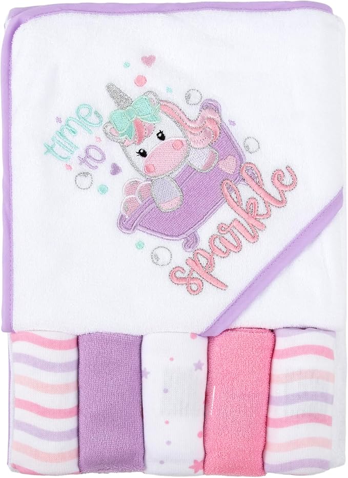 Baby Hooded Bath Towel and Washcloth Set for Infant Girls 6-12 Months (Little Sprinkle Magical Unicorn)