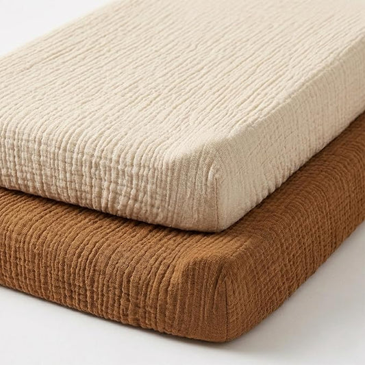 Muslin Changing Pad Cover, Baby Diaper Changing Table Pad Sheets, Cotton Soft Breathable Fitted, Boys Girls Neutral 2 Pack (Brown＆Beige)