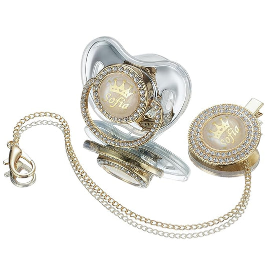 Sparkling Bling Custom Baby Pacifiers and Clips/Holder Kit with Name Personalized with Rhinestones for Boy and Girl Baby Shower (Silver)
