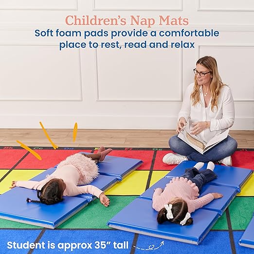 ECR4Kids-ELR-0883 Everyday 3-Fold Daycare Rest Mat, Folding Rest Mat, Sanitary Design, Low Maintenance, Certified and Safe, No Assembly Required, 2" Thick, Single Mat, Blue/Grey